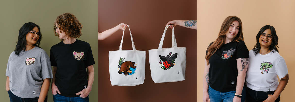 A three-panel collage showing people wearing illustrated wildlife t-shirts and holding illustrated wildlife tote bags from WWF-Australia.