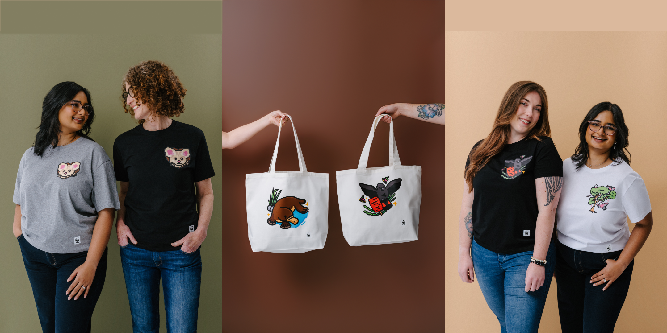 A three-panel collage showing people wearing and holding graphic tote bags. The left panel shows two women wearing a gray and black T-shirt with small illustrated greater glider graphics on the left chest, the right panel shows two people smiling and wearing an illustrated glossy black cockatoo t-shirt and an illustrated tree t-shirt..