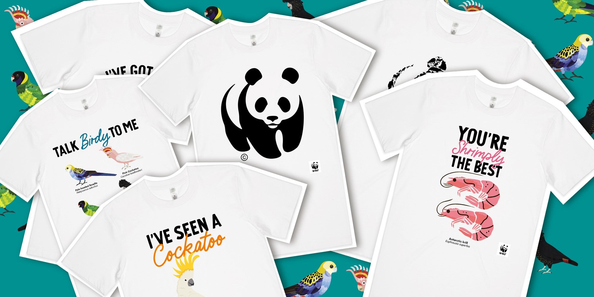 Range of WWF-Australia t-shirts on top of a background of different birds