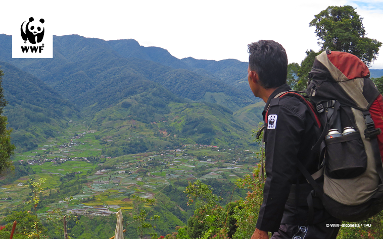 Member of WWF tiger protection team overlooking a village in the mountain